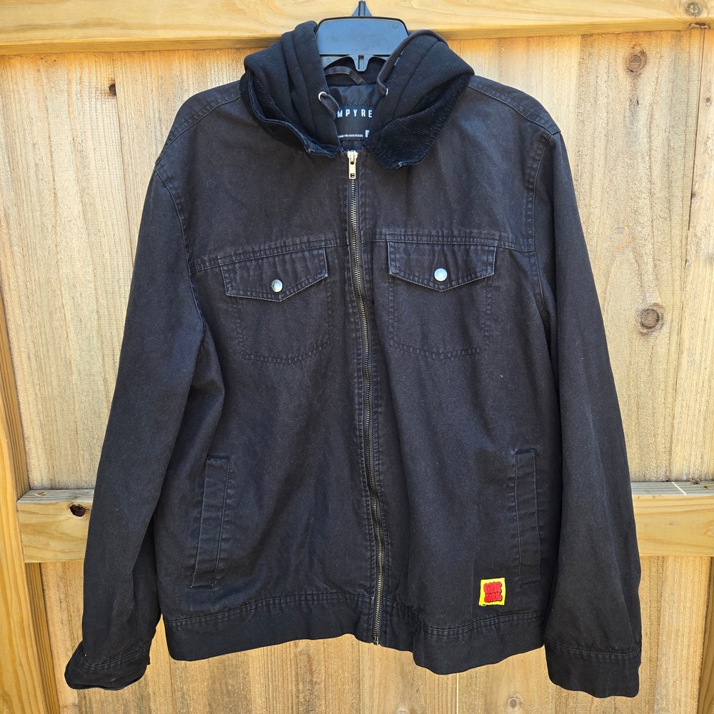 Empyre Mens Large Hooded Work Jacket Black Canvas Corduroy Collar Streetwear